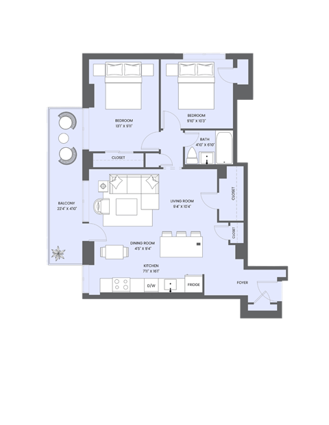 A floor plan of a house with a living room, dining room, kitchen, and bathrooms.